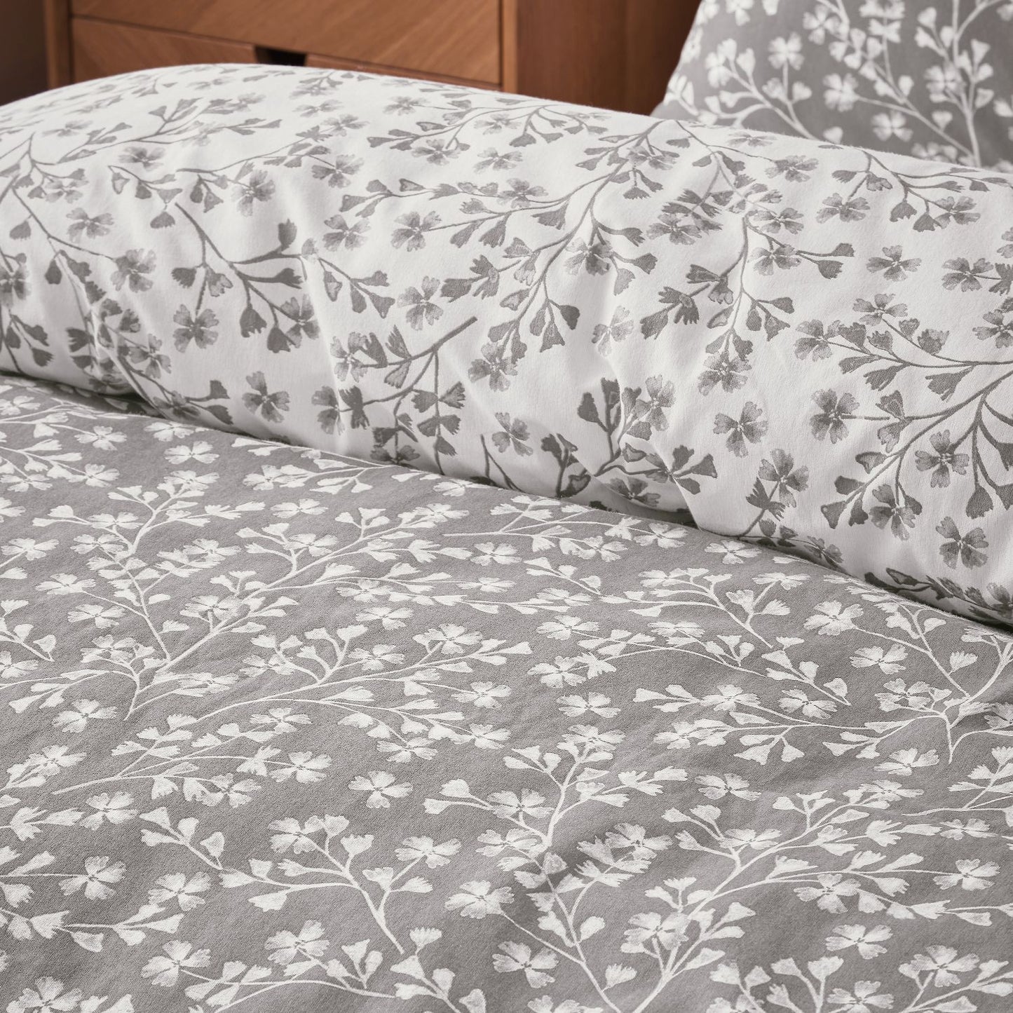 Catherine Lansfield Brushed Grace Floral Leaf Grey Cotton Duvet Set