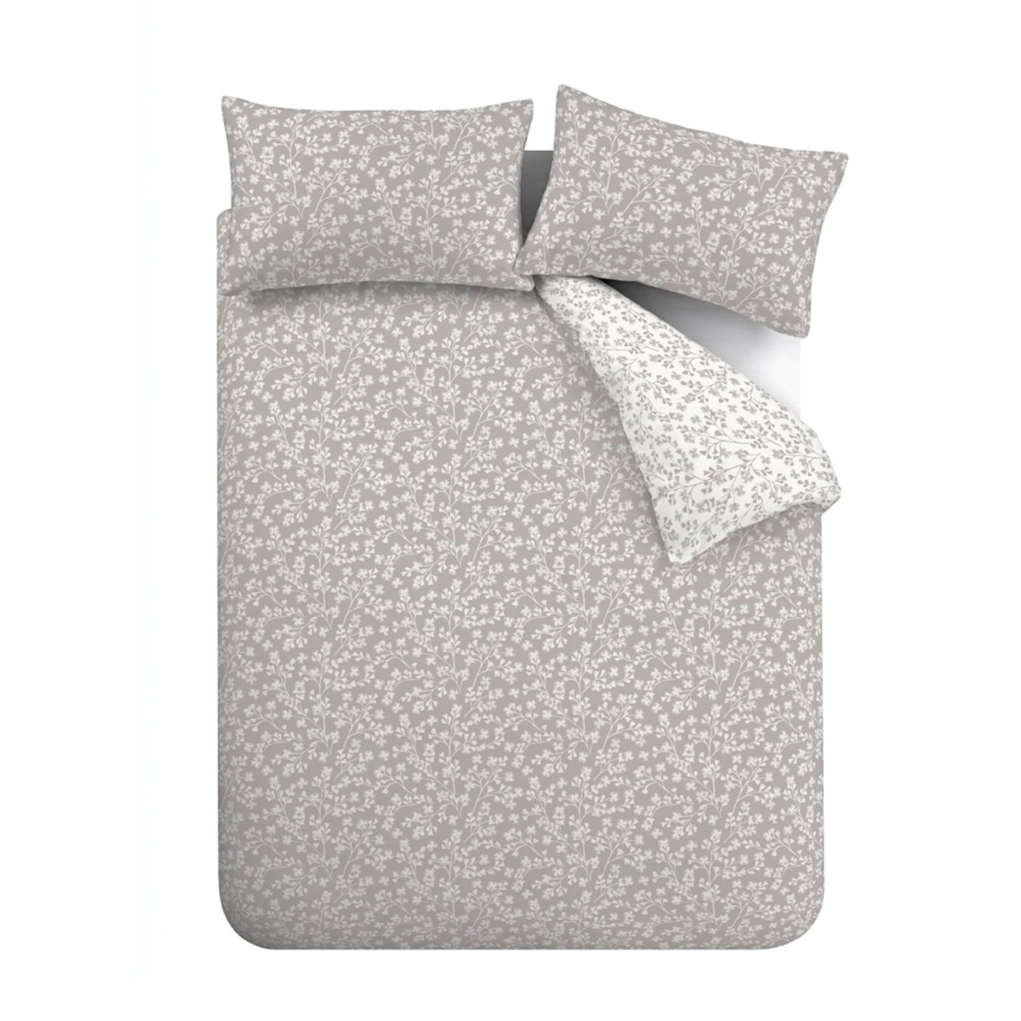 Catherine Lansfield Brushed Grace Floral Leaf Grey Cotton Duvet Set