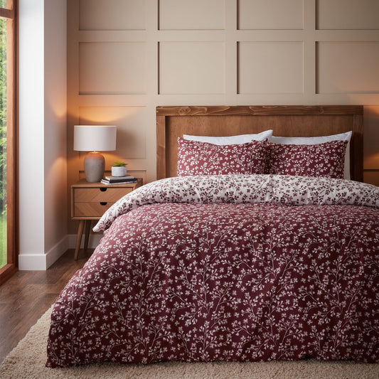 Catherine Lansfield Grace Floral Leaf Red Brushed Cotton Duvet Set