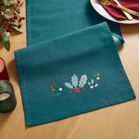 Catherine Lansfield Christmas Holly and Mistletoe Embroidered Cotton Table Runner