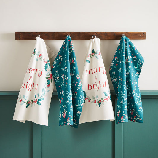 Catherine Lansfield Christmas Holly and Mistletoe Cotton Tea Towel Pack of 4