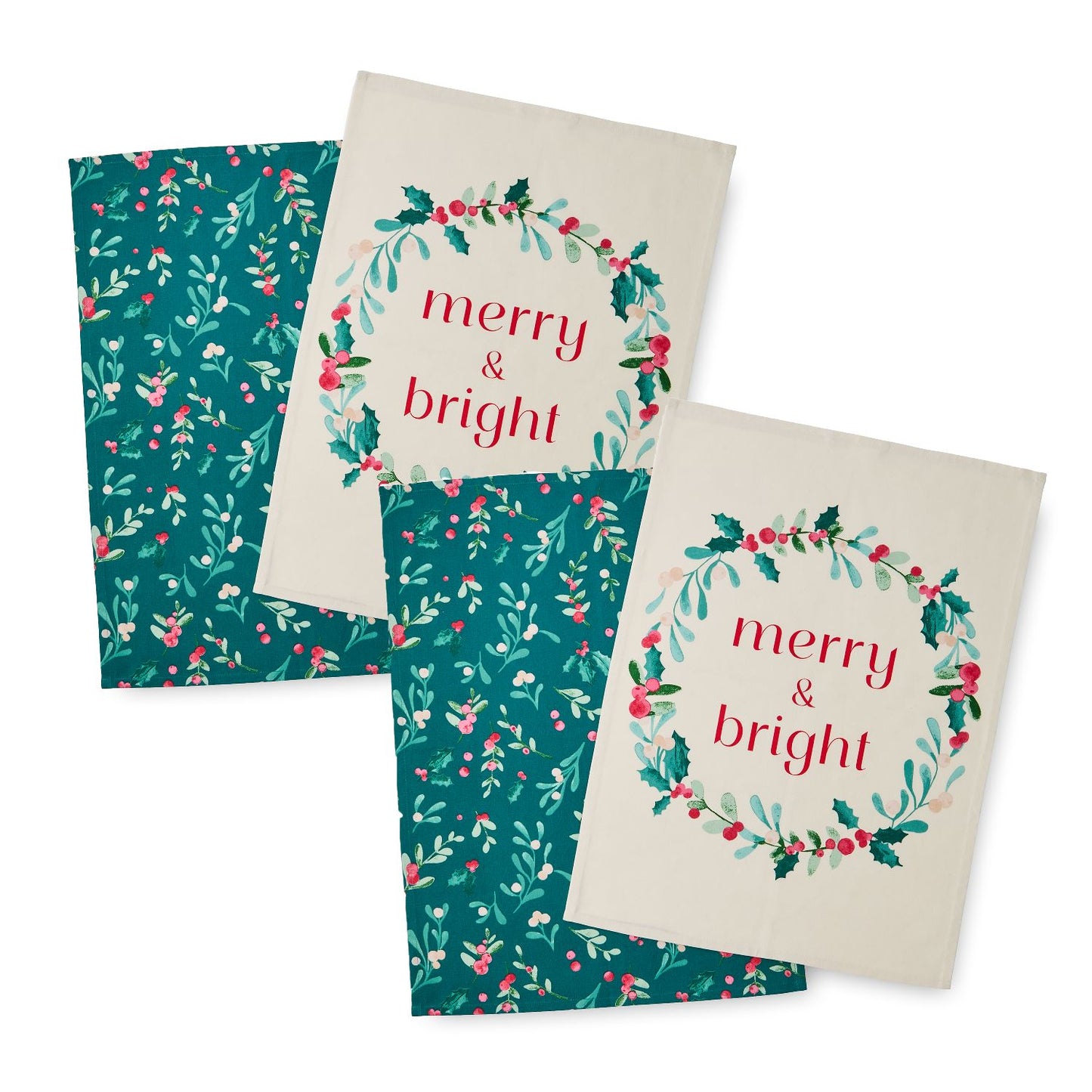Catherine Lansfield Christmas Holly and Mistletoe Cotton Tea Towel Pack of 4