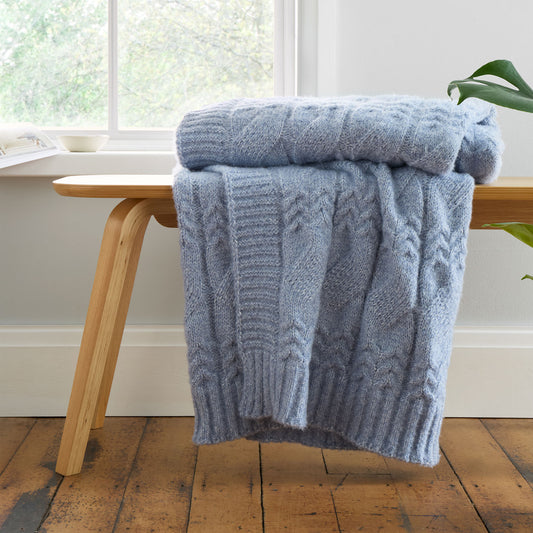 Bianca Blue Cosy Soft Cable Knit Blanket Throw