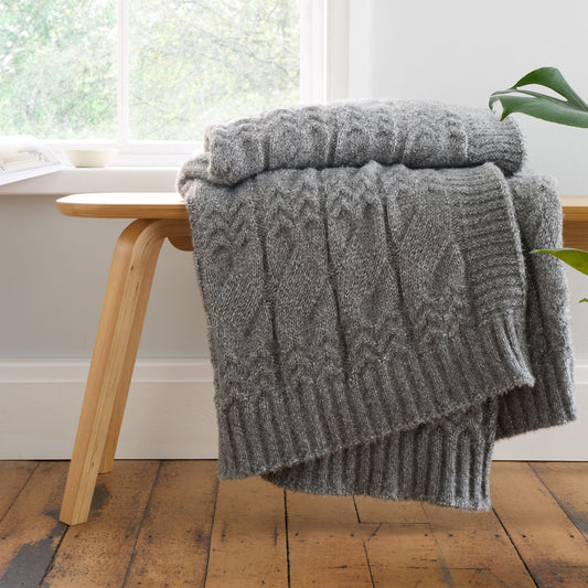 Bianca Grey Cosy Soft Cable Knit Blanket Throw