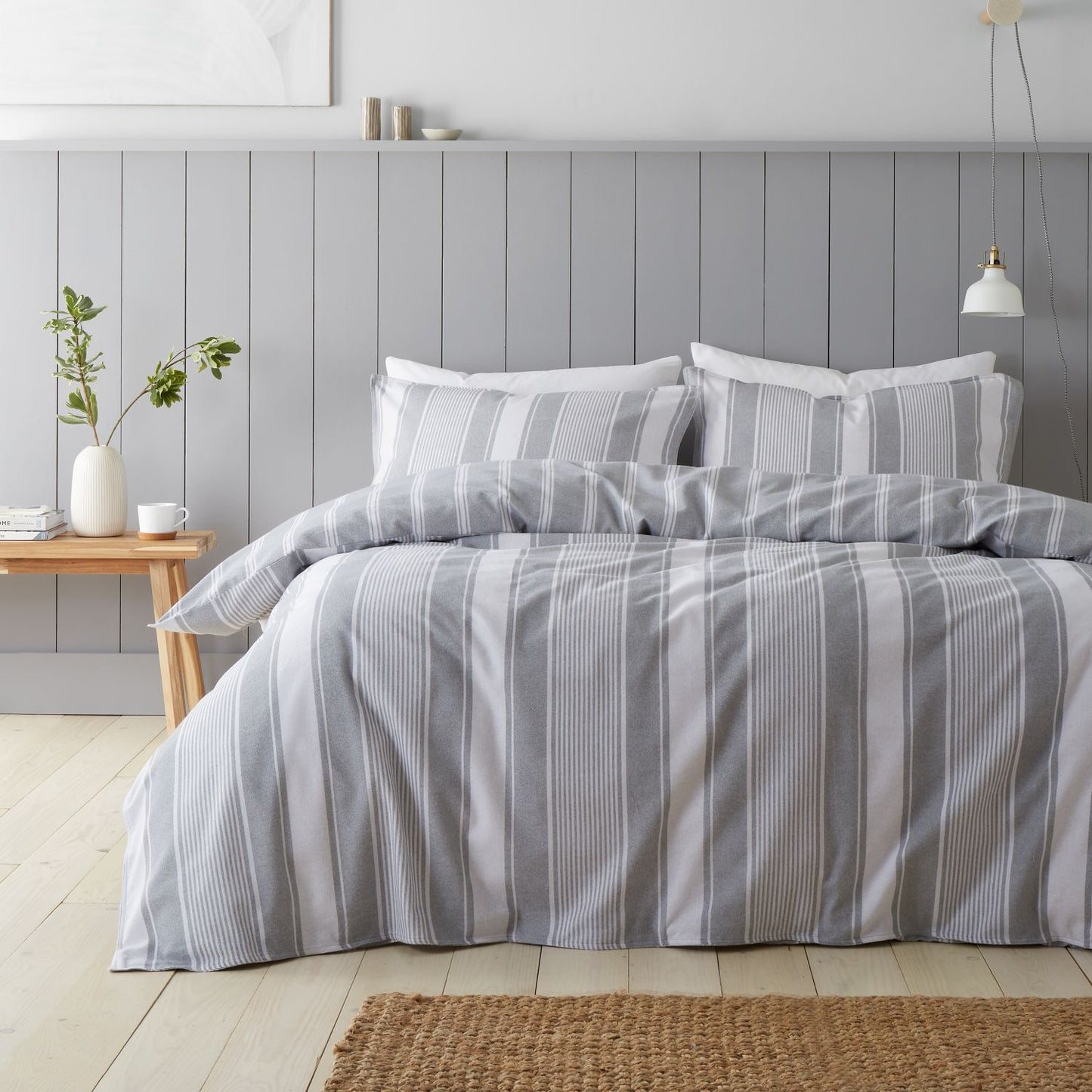 Bianca Brushed Cotton Grey Ticking Stripe Reversible Duvet Set
