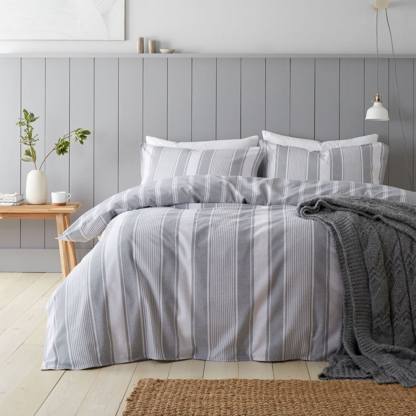 Bianca Brushed Cotton Grey Ticking Stripe Reversible Duvet Set