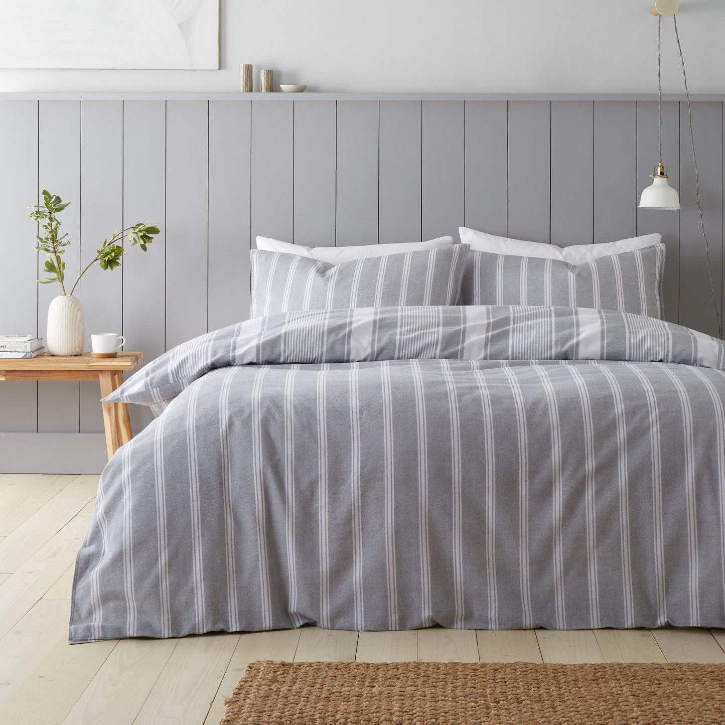 Bianca Brushed Cotton Grey Ticking Stripe Reversible Duvet Set