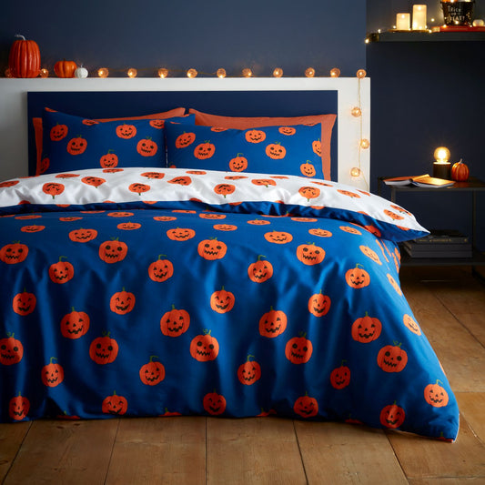 Catherine Lansfield Halloween Pumpkins Navy Reversible Duvet Set