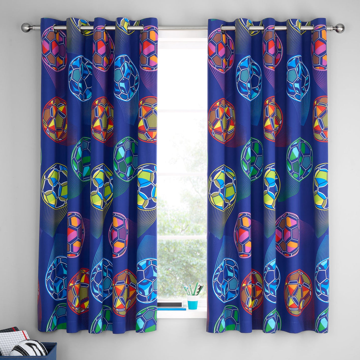 Catherine Lansfield Navy Blue Bright Football Reversible Eyelet Curtains