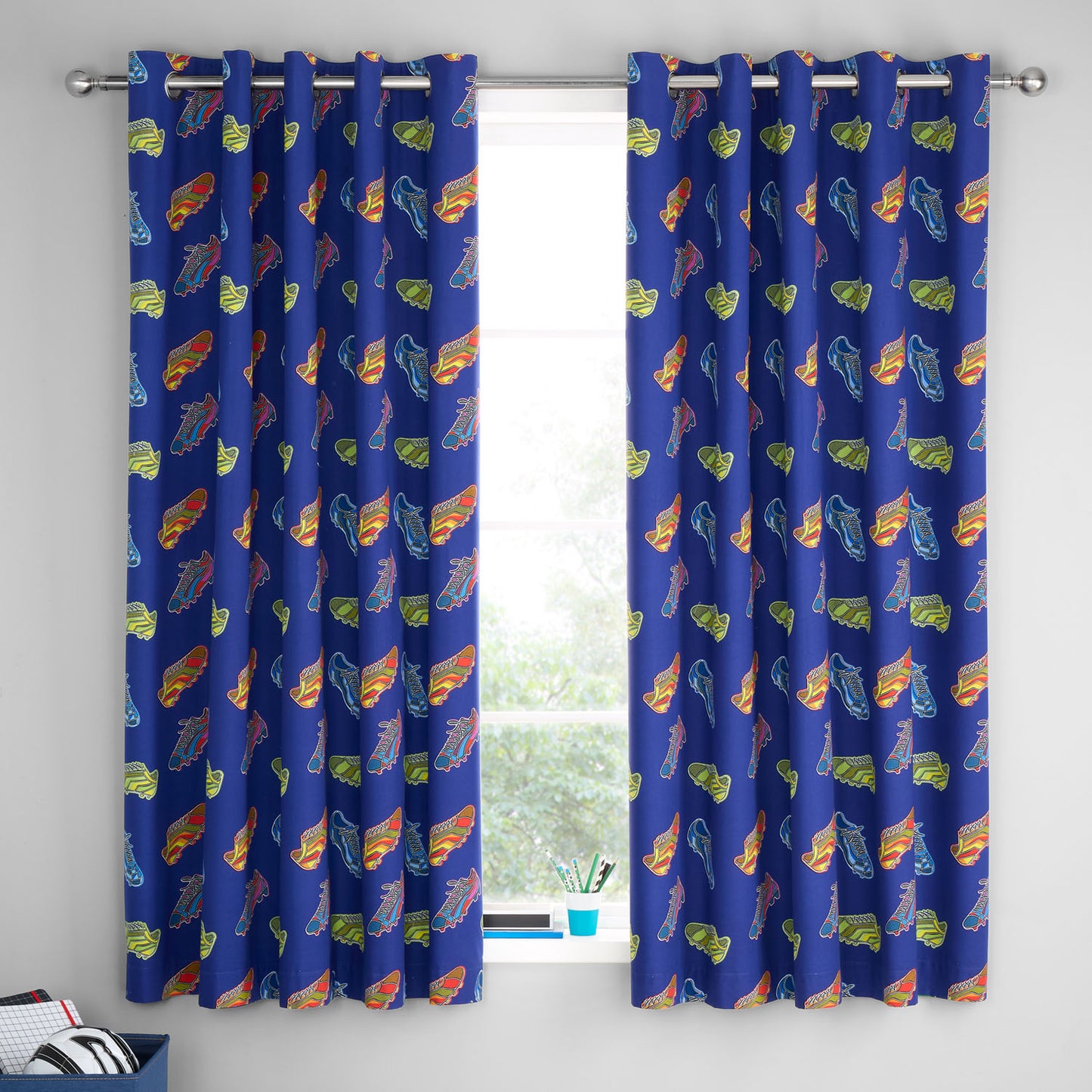 Catherine Lansfield Navy Blue Bright Football Reversible Eyelet Curtains