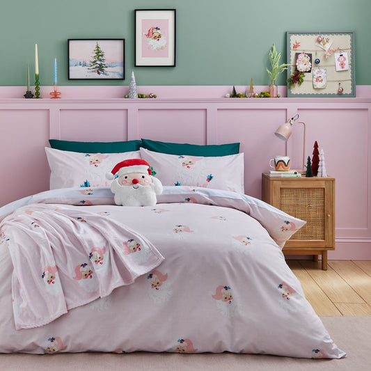 Catherine Lansfield Vintage Christmas Santa Pink Reversible Duvet Set