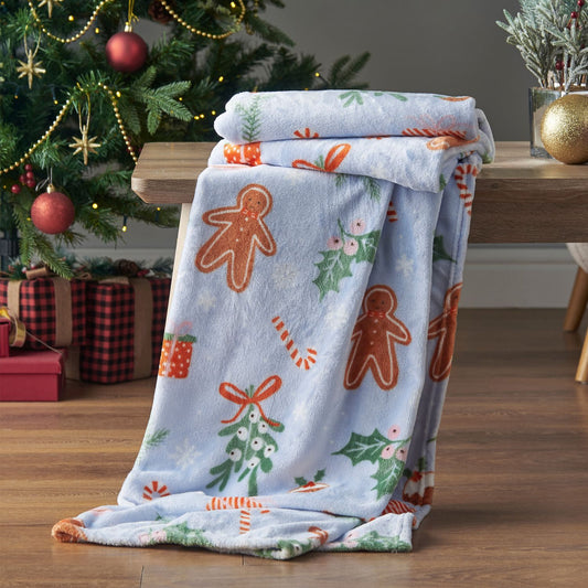 Catherine Lansfield Christmas Gingerbread Blue Cosy Fleece Throw