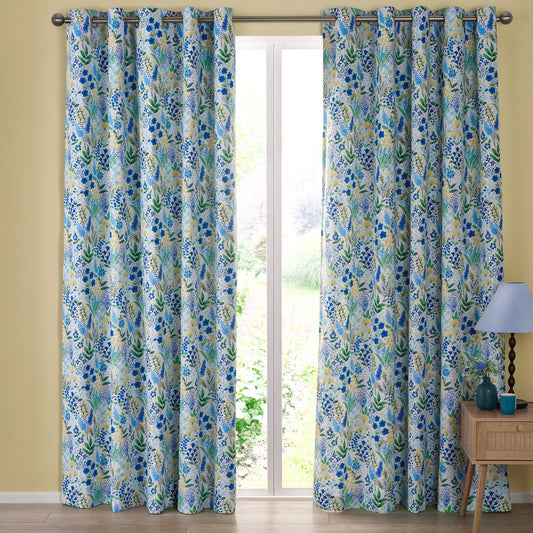 Catherine Lansfield Tilly Blue Floral Fully Reversible Eyelet Curtains