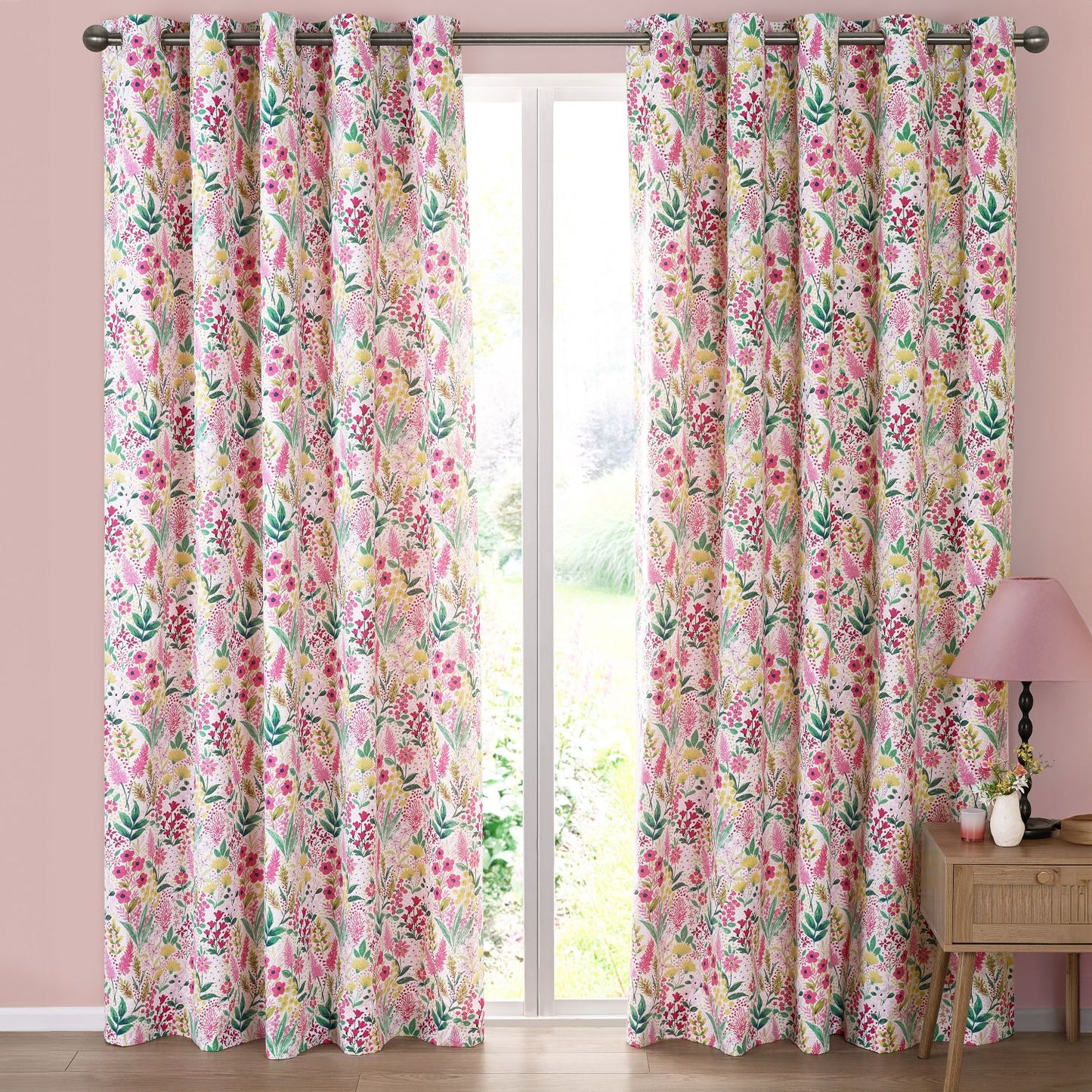 Catherine Lansfield Tilly Pink Floral Fully Reversible Eyelet Curtains