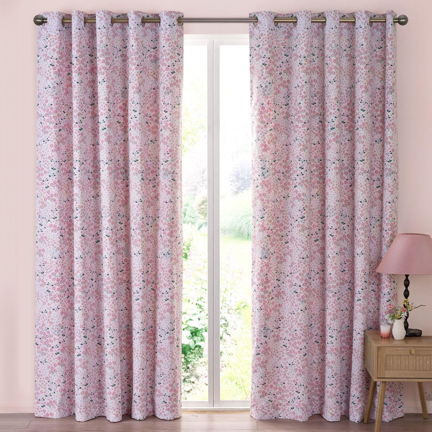 Catherine Lansfield Tilly Pink Floral Fully Reversible Eyelet Curtains