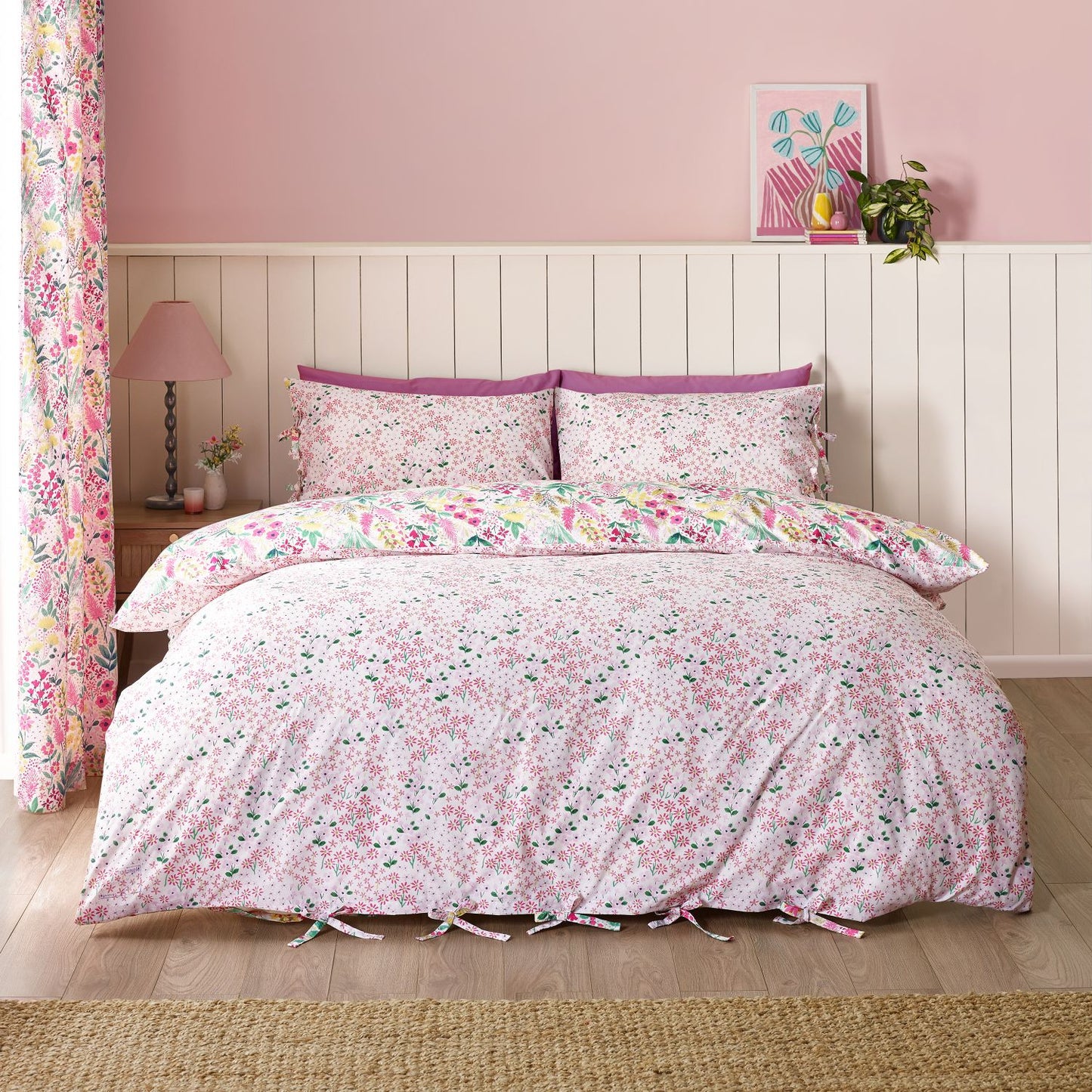 Catherine Lansfield Tilly Pink Floral Reversible Duvet Set