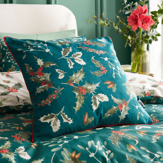 RHS Winter Foliage Green Piped Velour Cushion (50cm x 50cm)