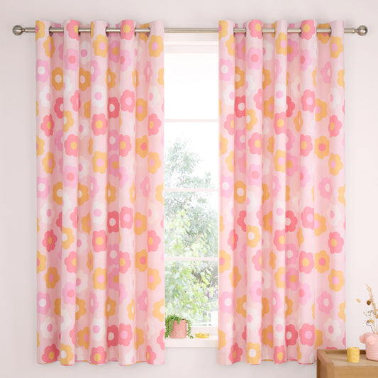 Catherine Lansfield Pink Retro Daisy Reversible Eyelet Curtains