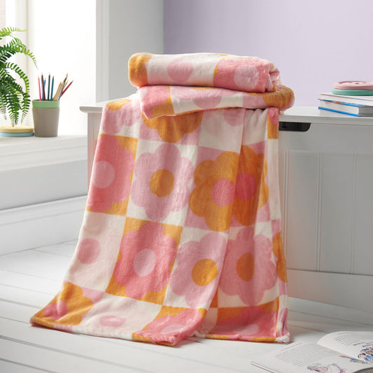 Catherine Lansfield Pink Retro Daisy Cosy Fleece Blanket Throw
