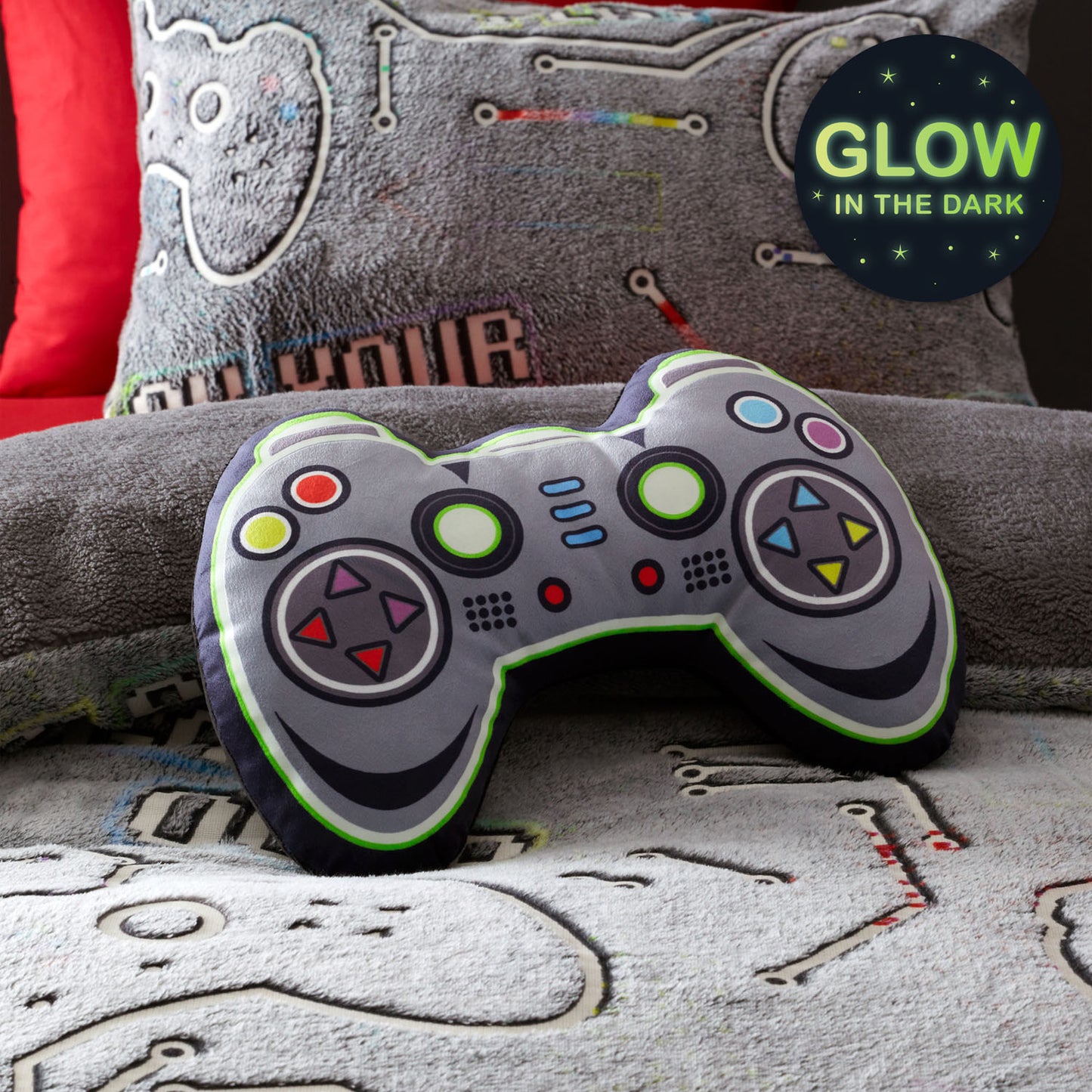 Catherine Lansfield Black Game Over Glow in the Dark Fleece 3D Shaped Cushion