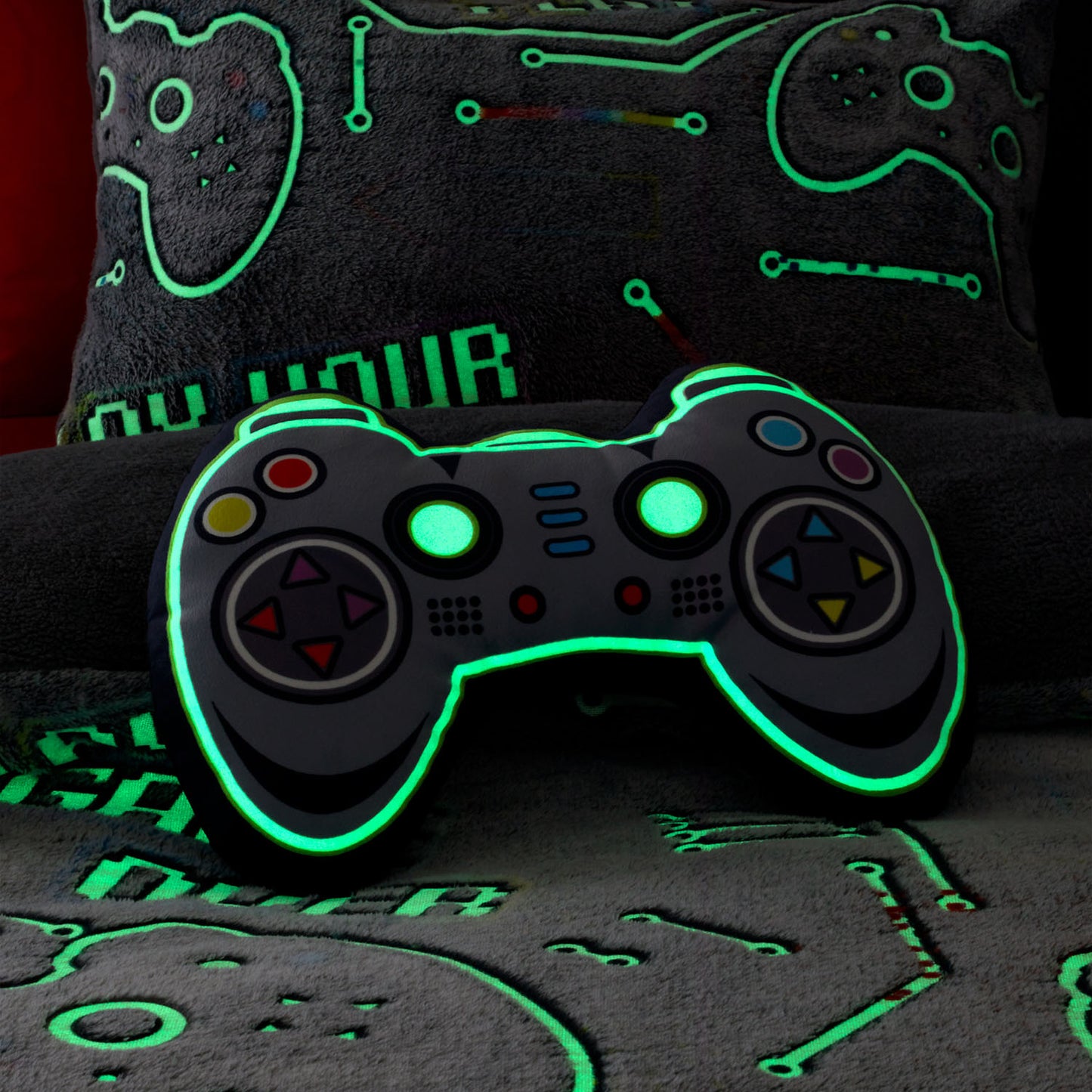 Catherine Lansfield Black Game Over Glow in the Dark Fleece 3D Shaped Cushion