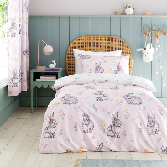Catherine Lansfield Pink Bunny Tails Ditsy Flowers Reversible Duvet Set