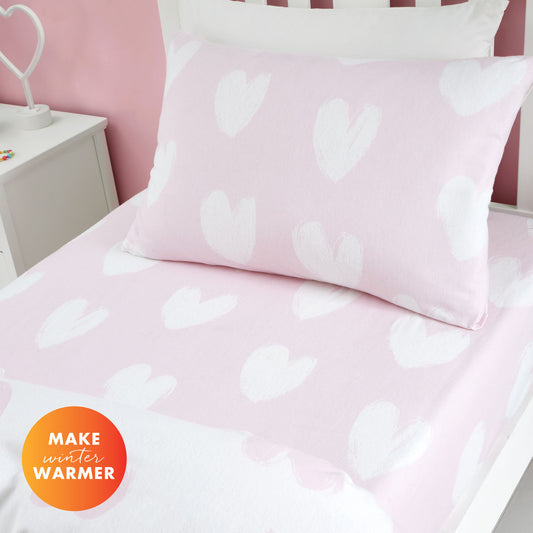 Catherine Lansfield Brushed Cotton Hearts White/Pink Fitted Sheet