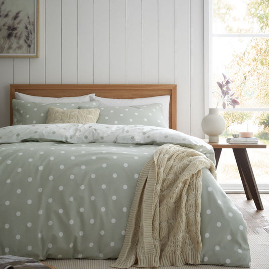 Catherine Lansfield Polka Dot Green Brushed Cotton Reversible Duvet Set