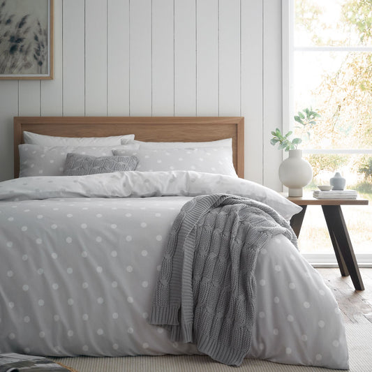 Catherine Lansfield Polka Dot Grey Brushed Cotton Reversible Duvet Set