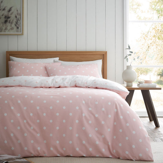 Catherine Lansfield Polka Dot Pink Brushed Cotton Reversible Duvet Set