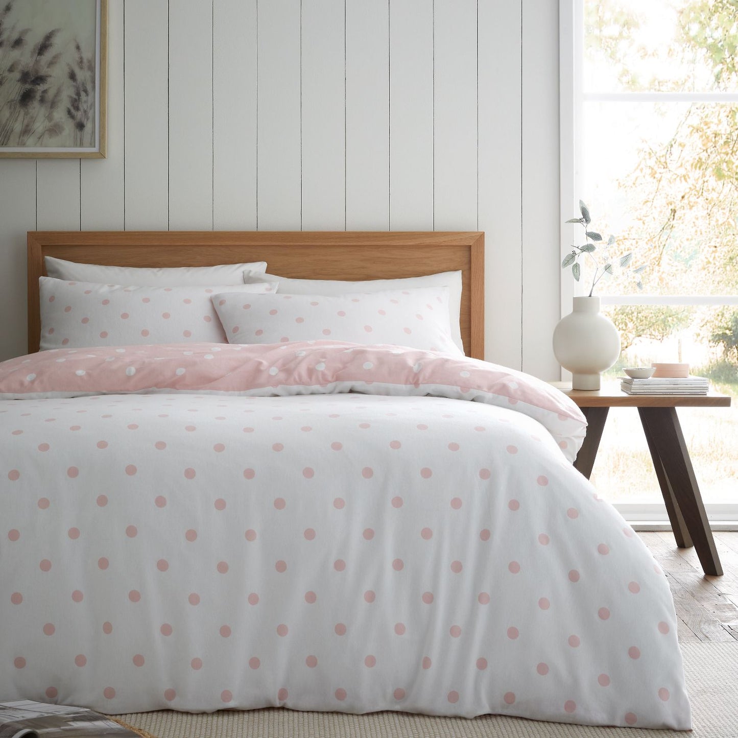 Catherine Lansfield Polka Dot Pink Brushed Cotton Reversible Duvet Set