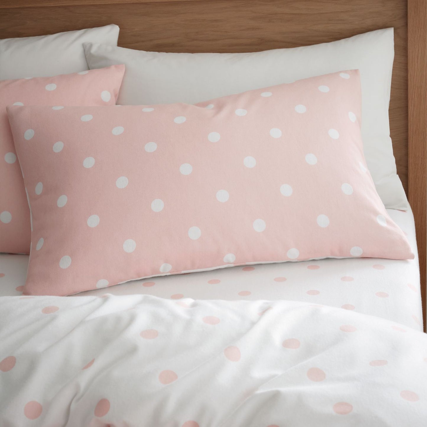 Catherine Lansfield Polka Dot Pink Brushed Cotton Reversible Duvet Set