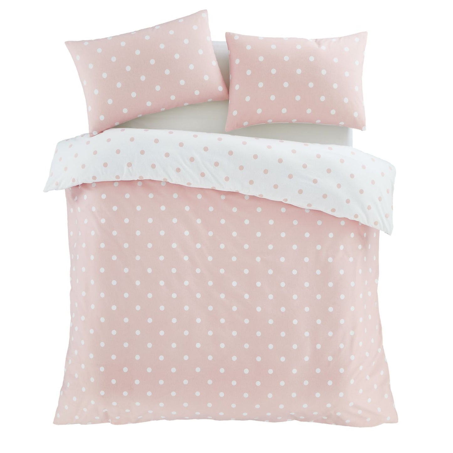 Catherine Lansfield Polka Dot Pink Brushed Cotton Reversible Duvet Set