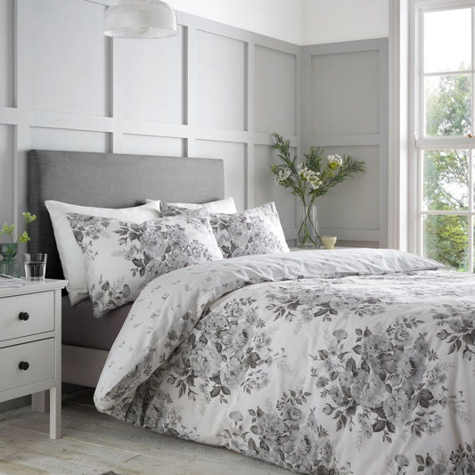 Catherine Lansfield Elinda Grey Floral Reversible Duvet Set