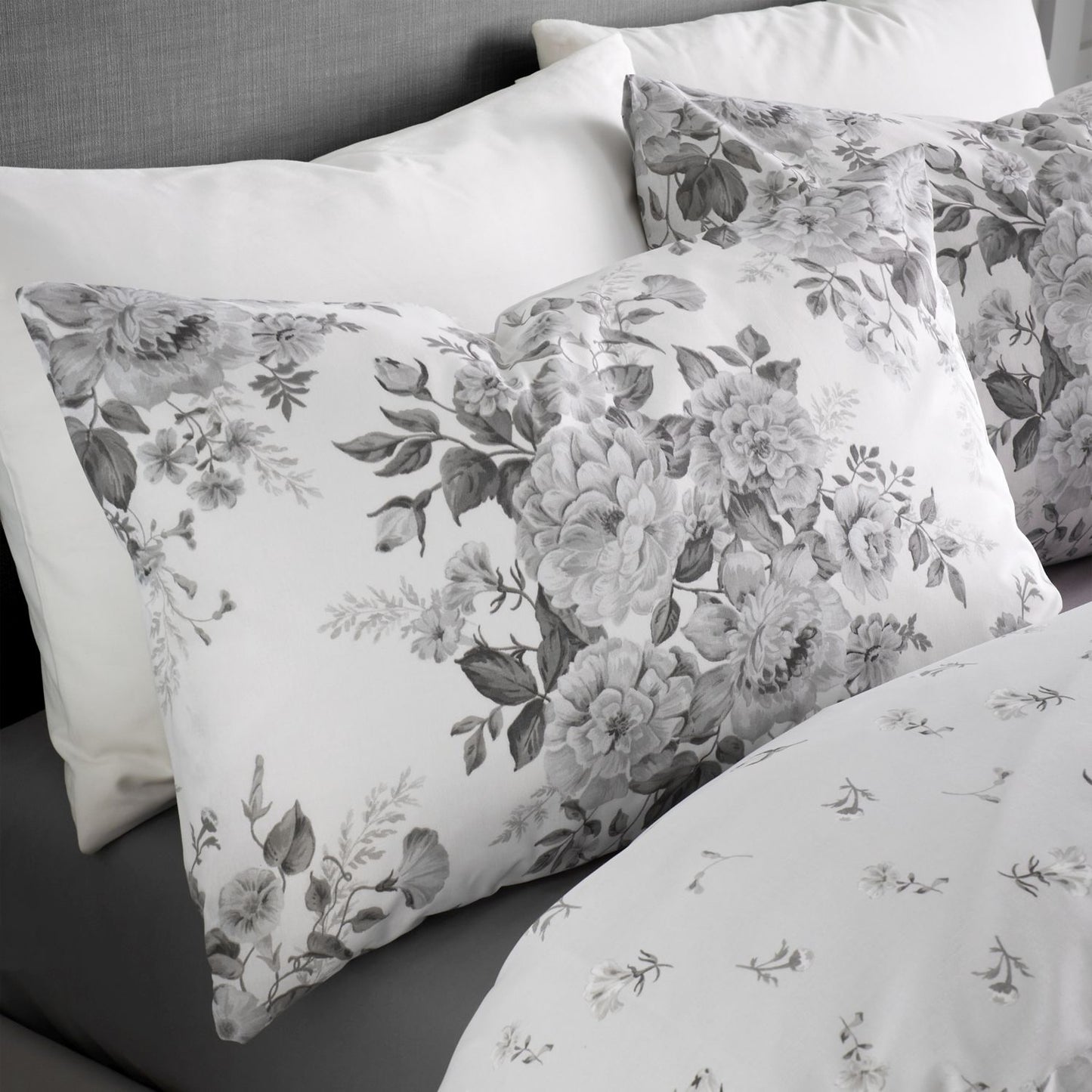 Catherine Lansfield Elinda Grey Floral Reversible Duvet Set