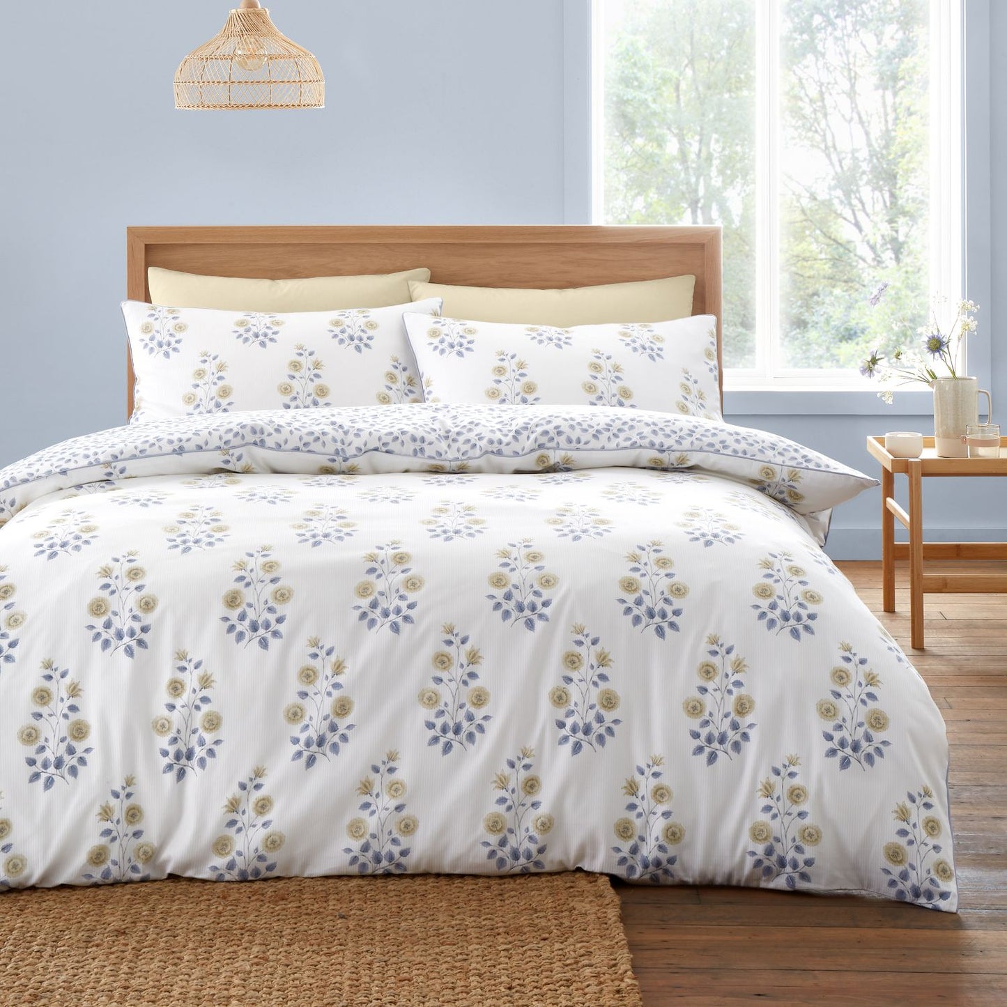 Bianca Eloise White Floral 230TC Cotton Satin Stripe Duvet Set