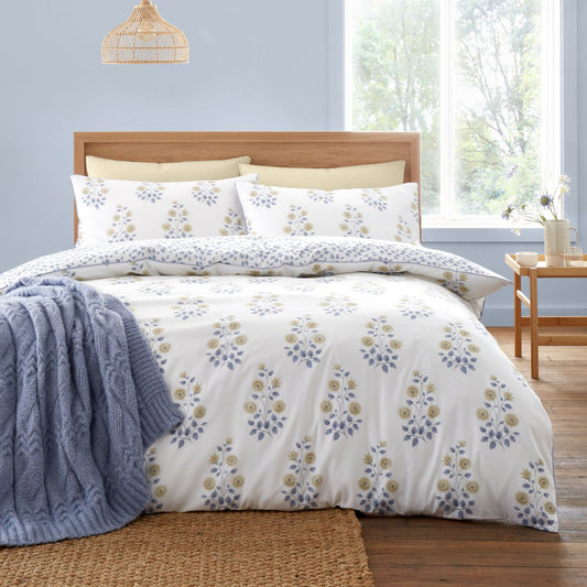 Bianca Eloise White Floral 230TC Cotton Satin Stripe Duvet Set