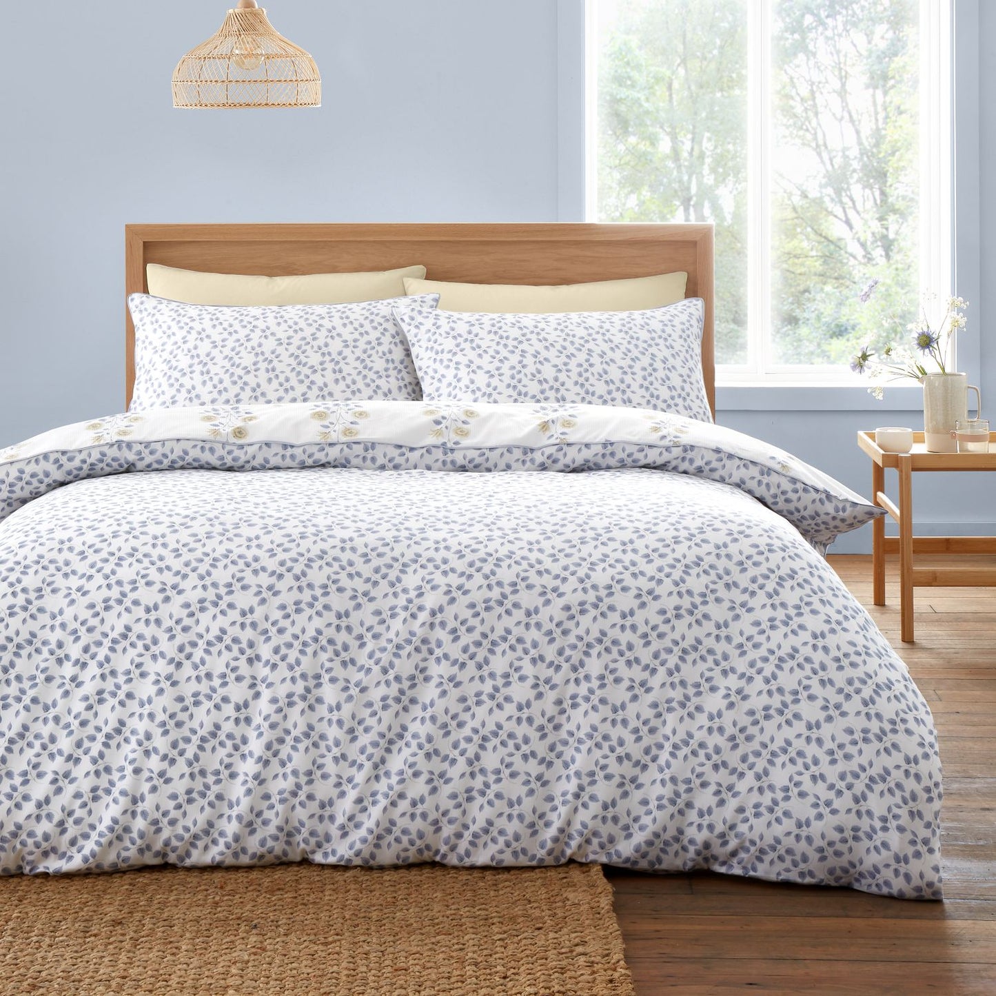 Bianca Eloise White Floral 230TC Cotton Satin Stripe Duvet Set