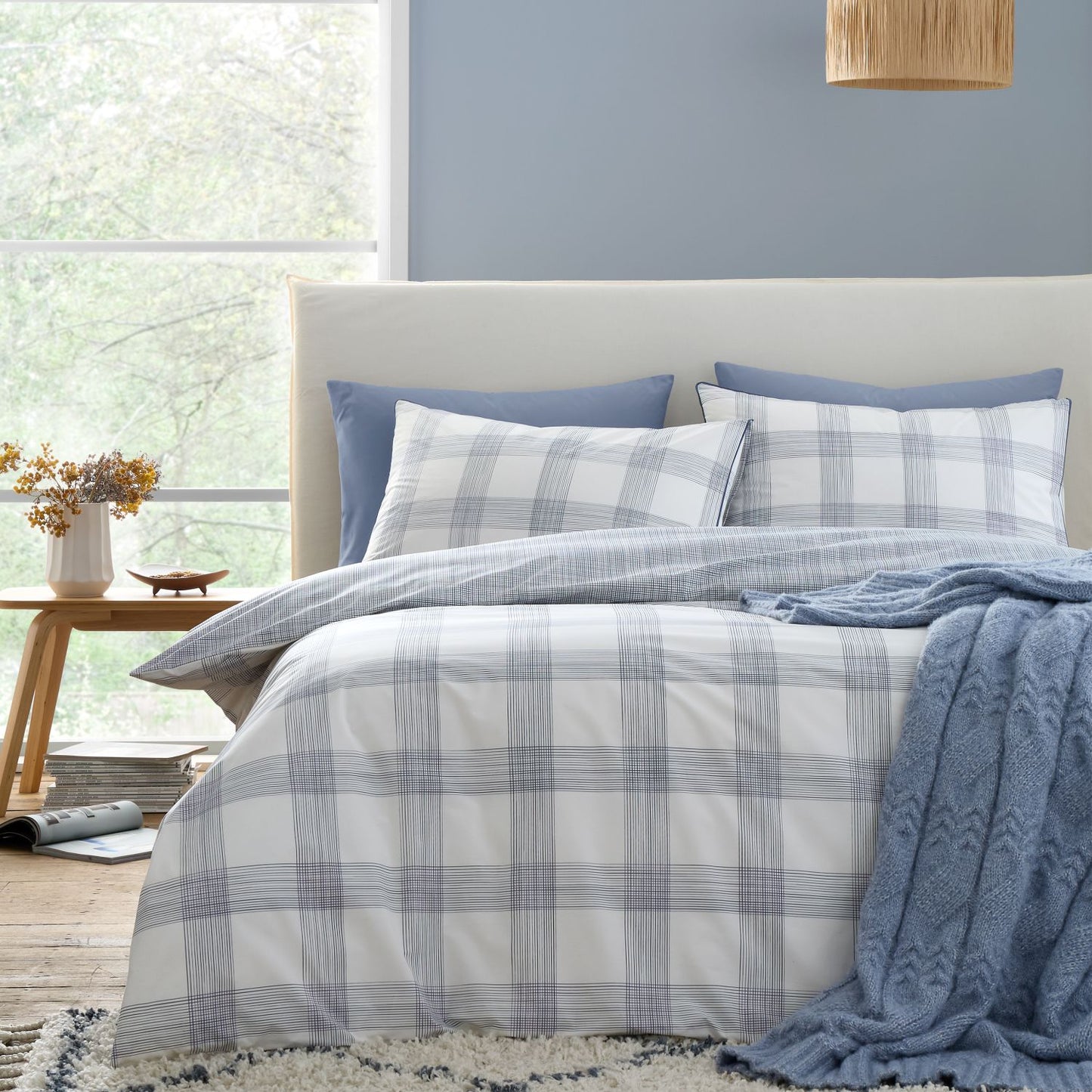 Bianca Marlow Blue Check 200TC Cotton Percale Reversible Duvet Set