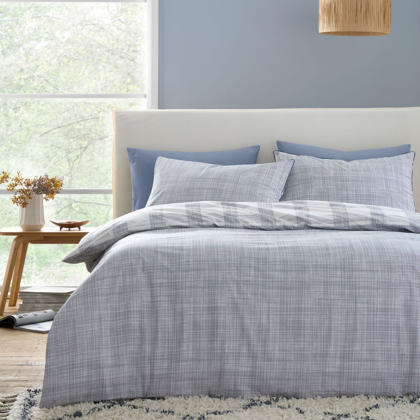Bianca Marlow Blue Check 200TC Cotton Percale Reversible Duvet Set