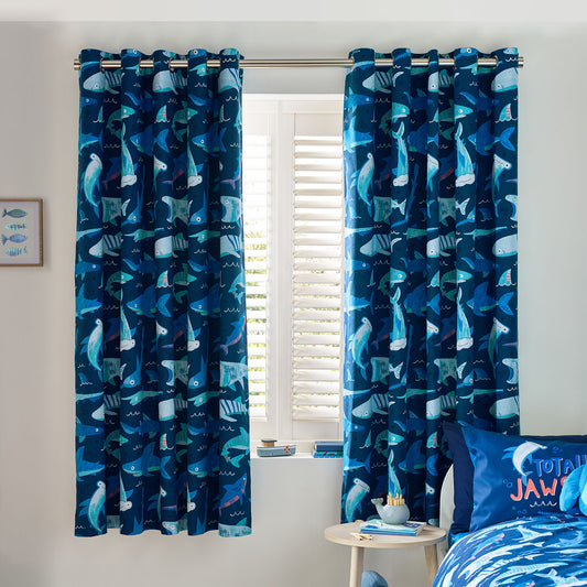 Catherine Lansfield Kids Jawsome Navy Blue Shark Reversible Eyelet Curtains