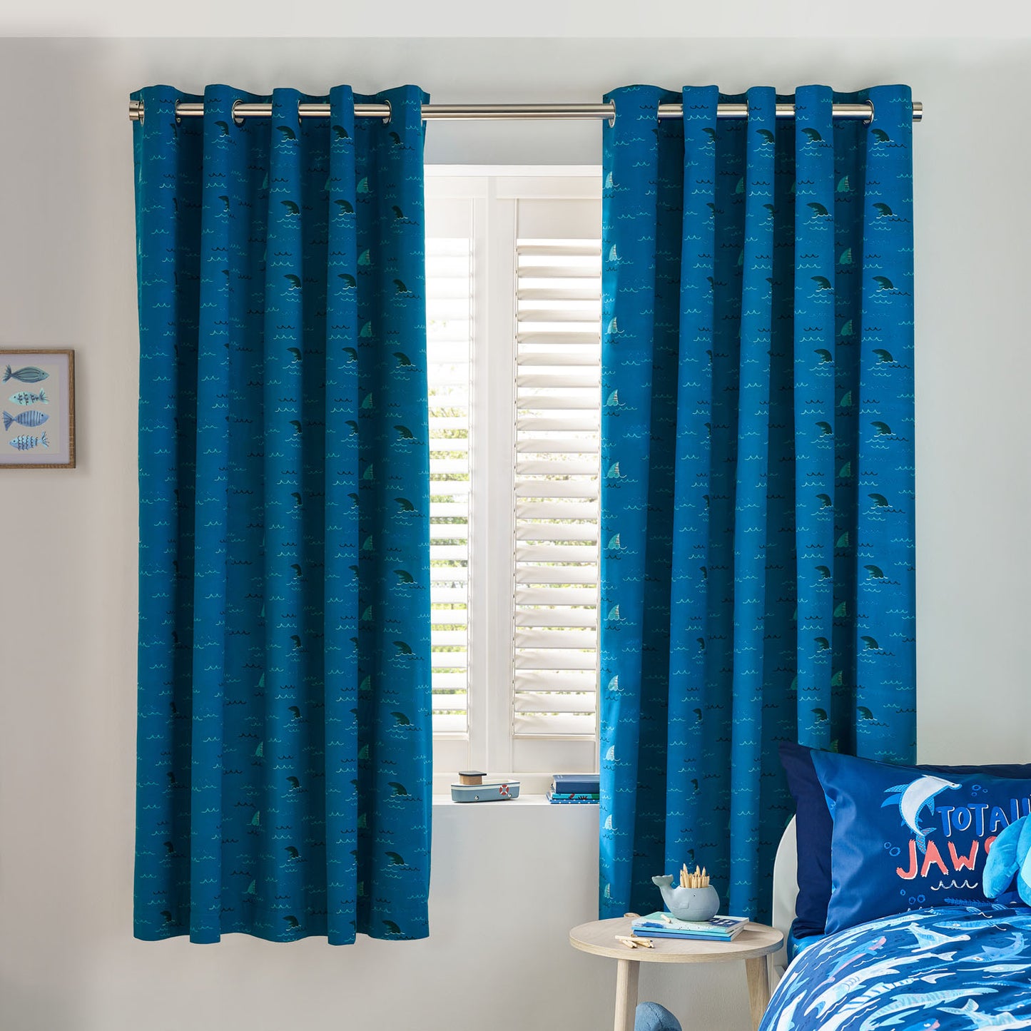 Catherine Lansfield Kids Jawsome Navy Blue Shark Reversible Eyelet Curtains