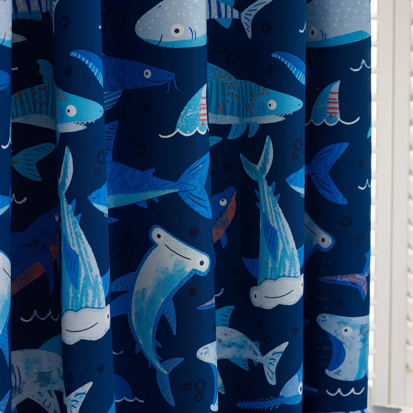 Catherine Lansfield Kids Jawsome Navy Blue Shark Reversible Eyelet Curtains