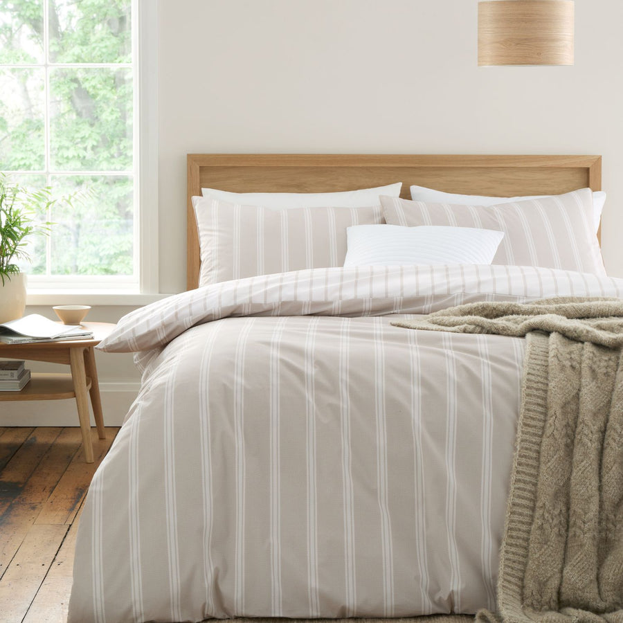 Bianca Ashford Stripe Natural 200TC Cotton Percale Reversible Duvet Set