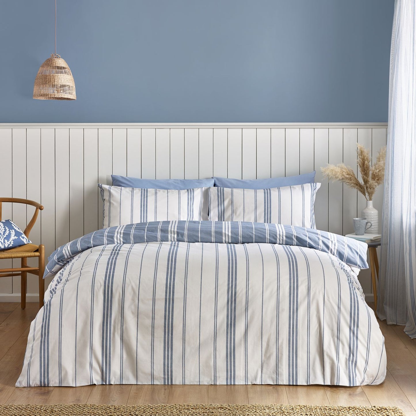 Catherine Lansfield Harbour Stripe Blue Reversible Duvet Set