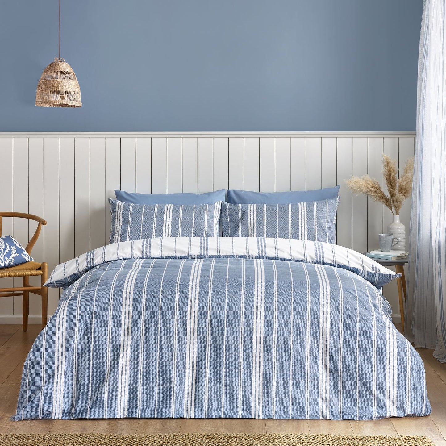 Catherine Lansfield Harbour Stripe Blue Reversible Duvet Set