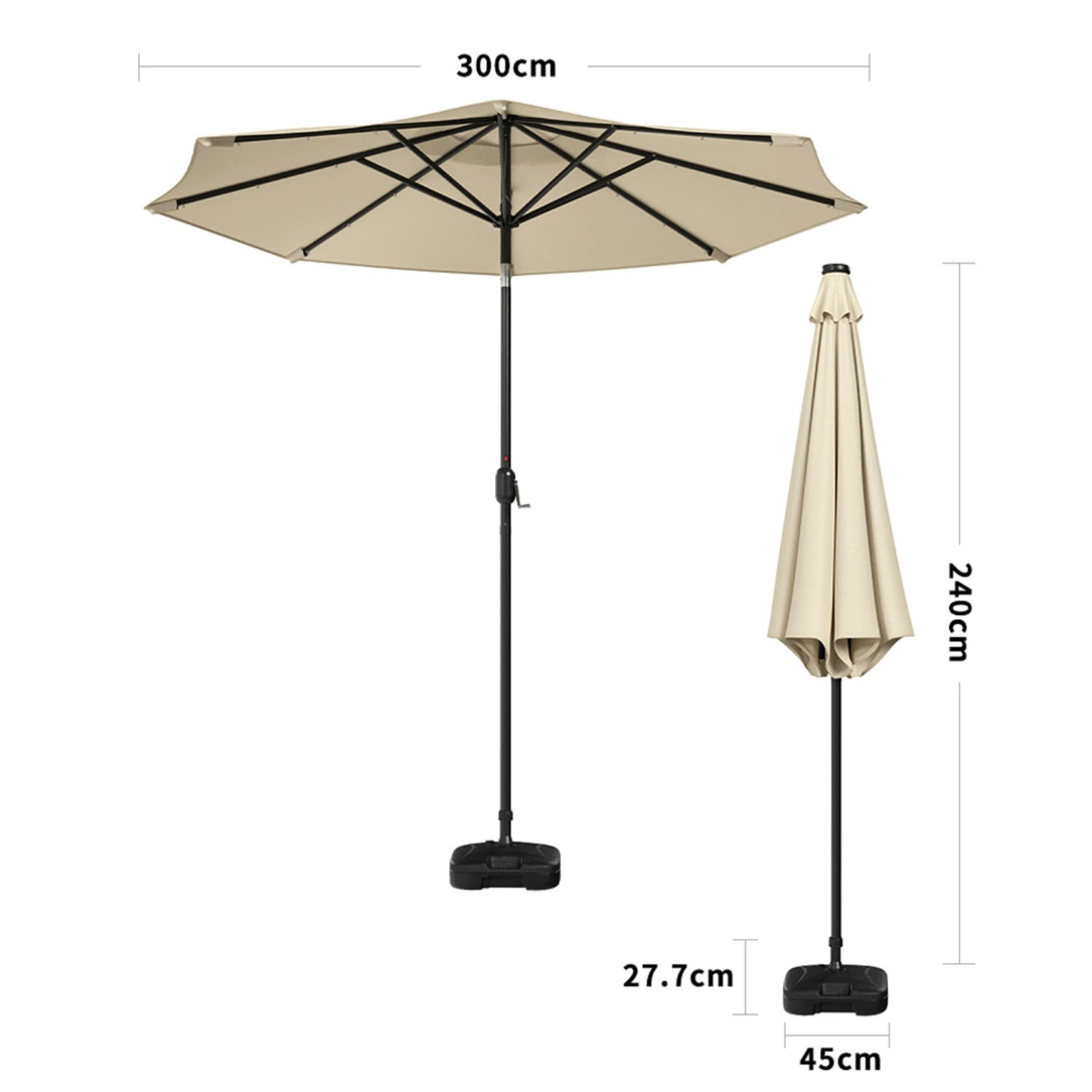 Crank and Tilt 24 Solar LED Parasol Beige with Plastic Fillable Base 3m