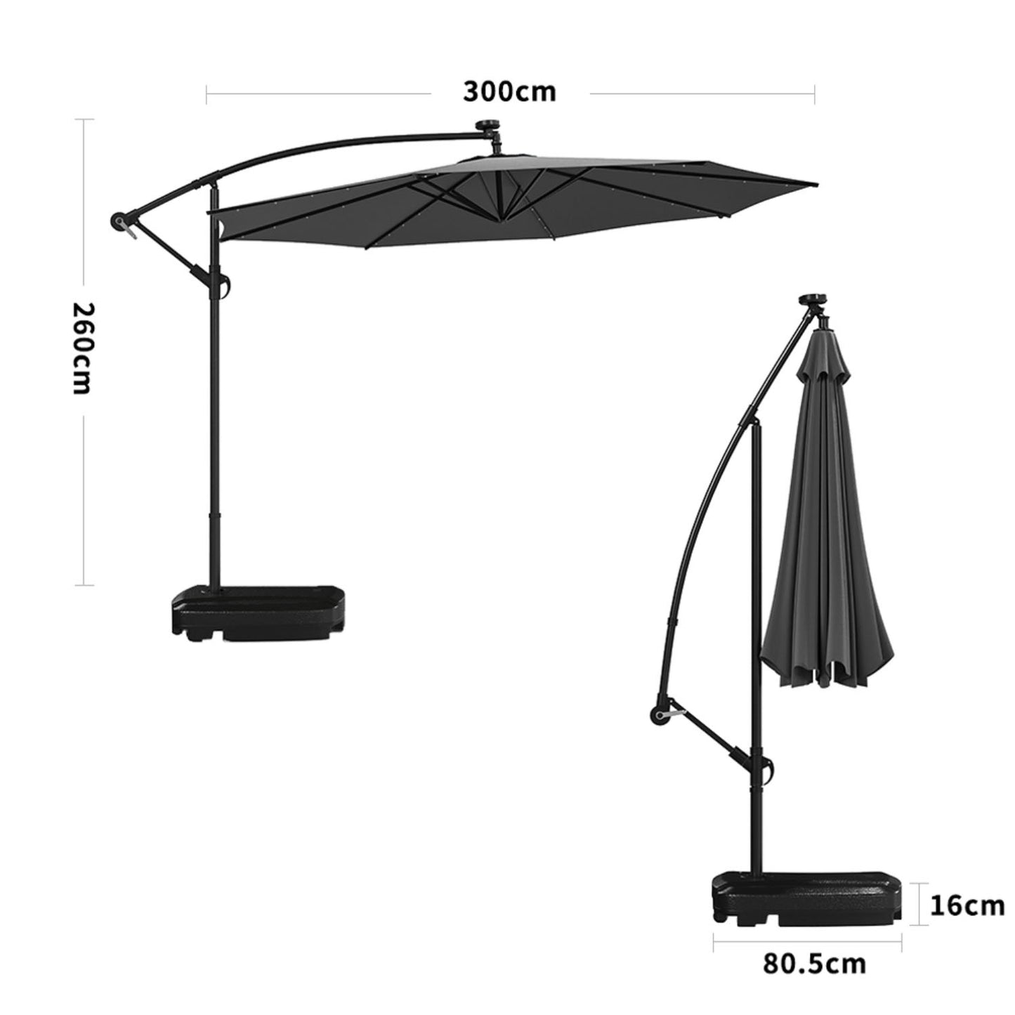 Octagonal Solar LED Crank Lift Parasol Dark Grey With Fillable Base 3M