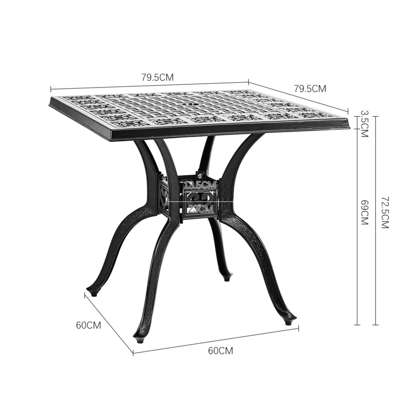 Black Cast Aluminium Square Garden Dining Table with Parasol Hole