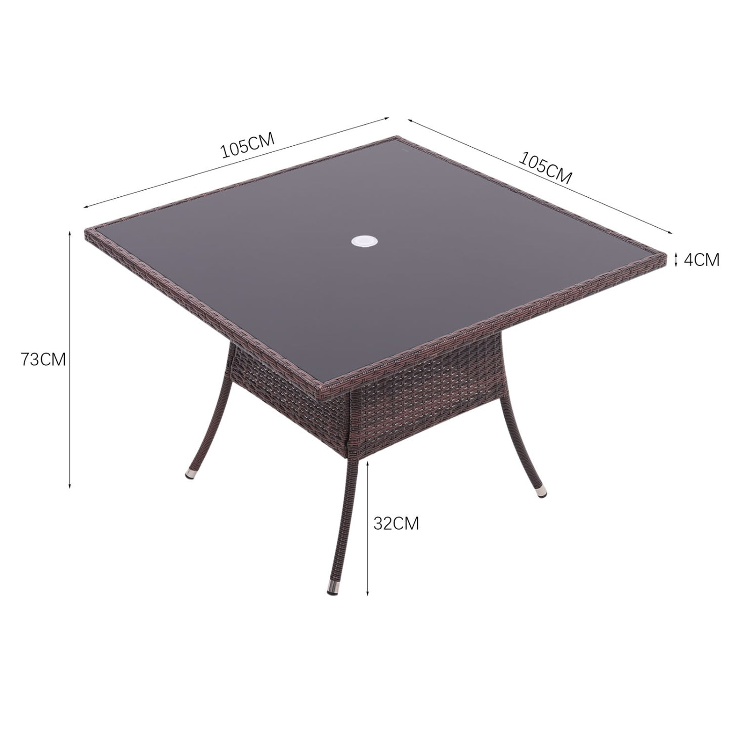 4 Seater Square Rattan Garden Dining Table Brown with Glass Top